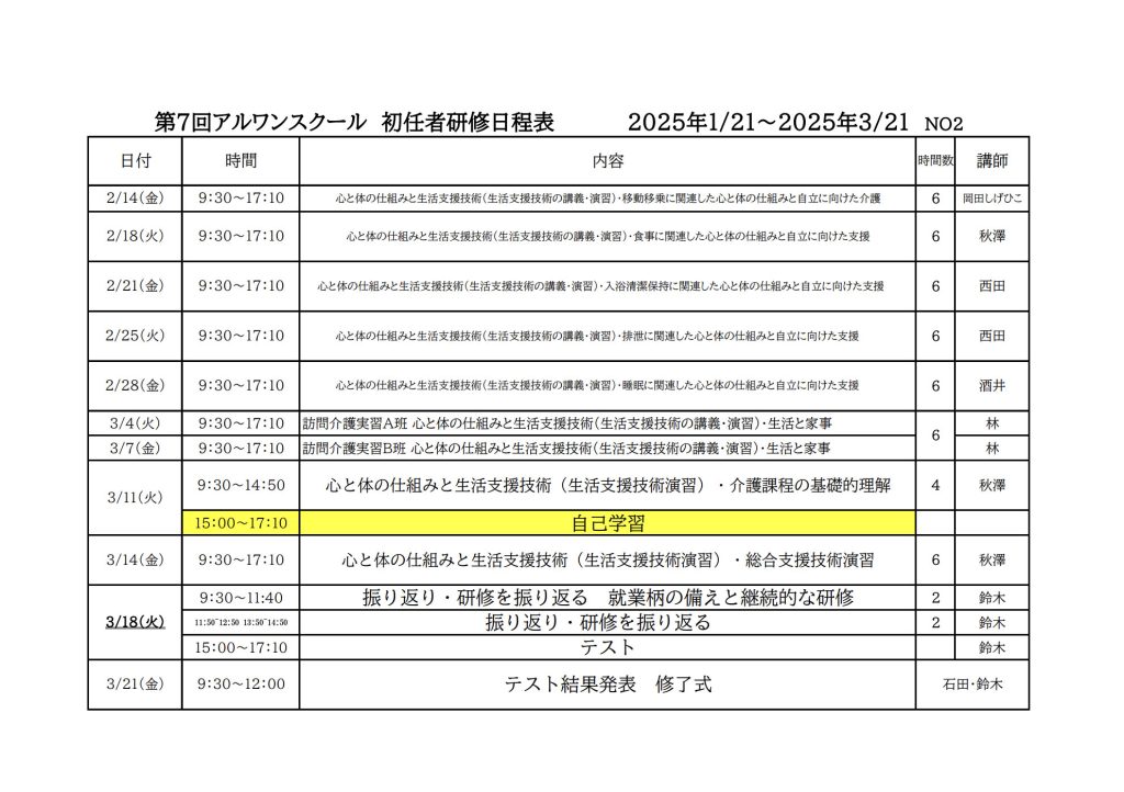 アルワンスクール第7期生時間割